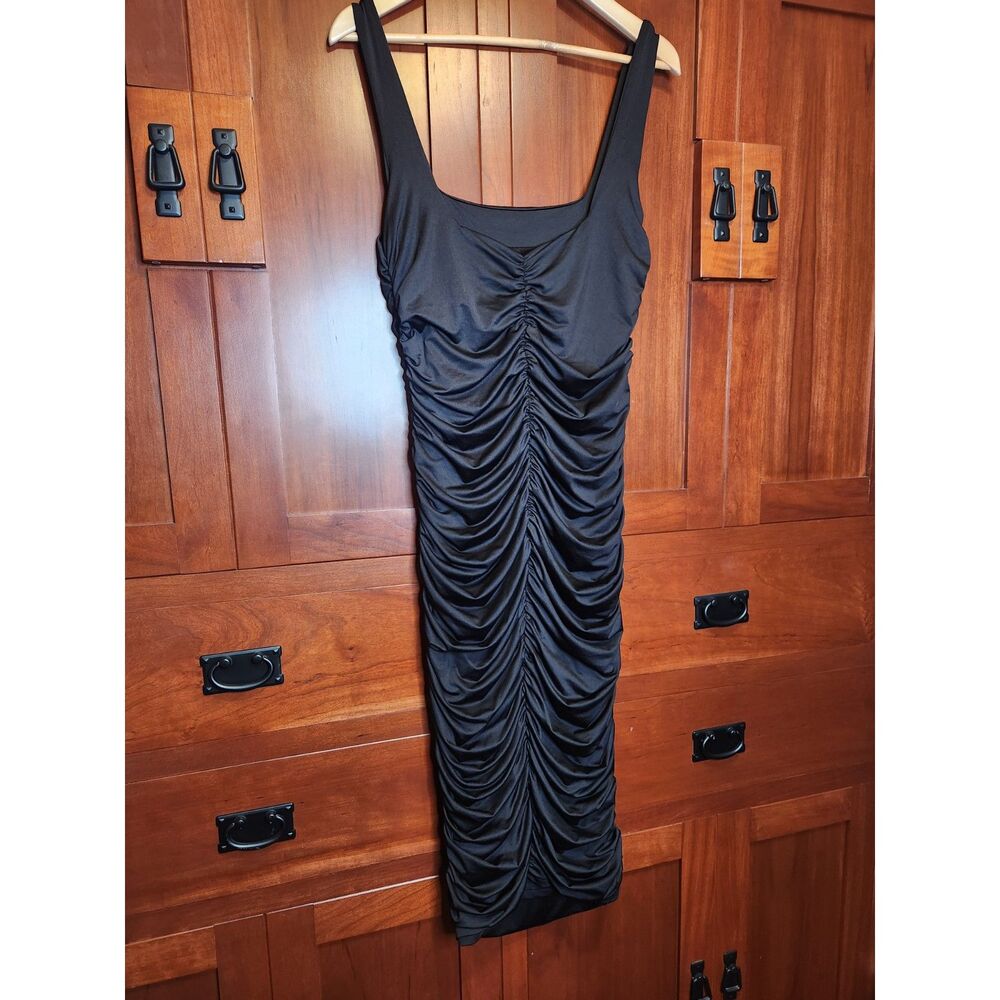 Long Black Sleeveless Bodycon Dress Ruching Down the Front Size XL - Picture 3 of 7
